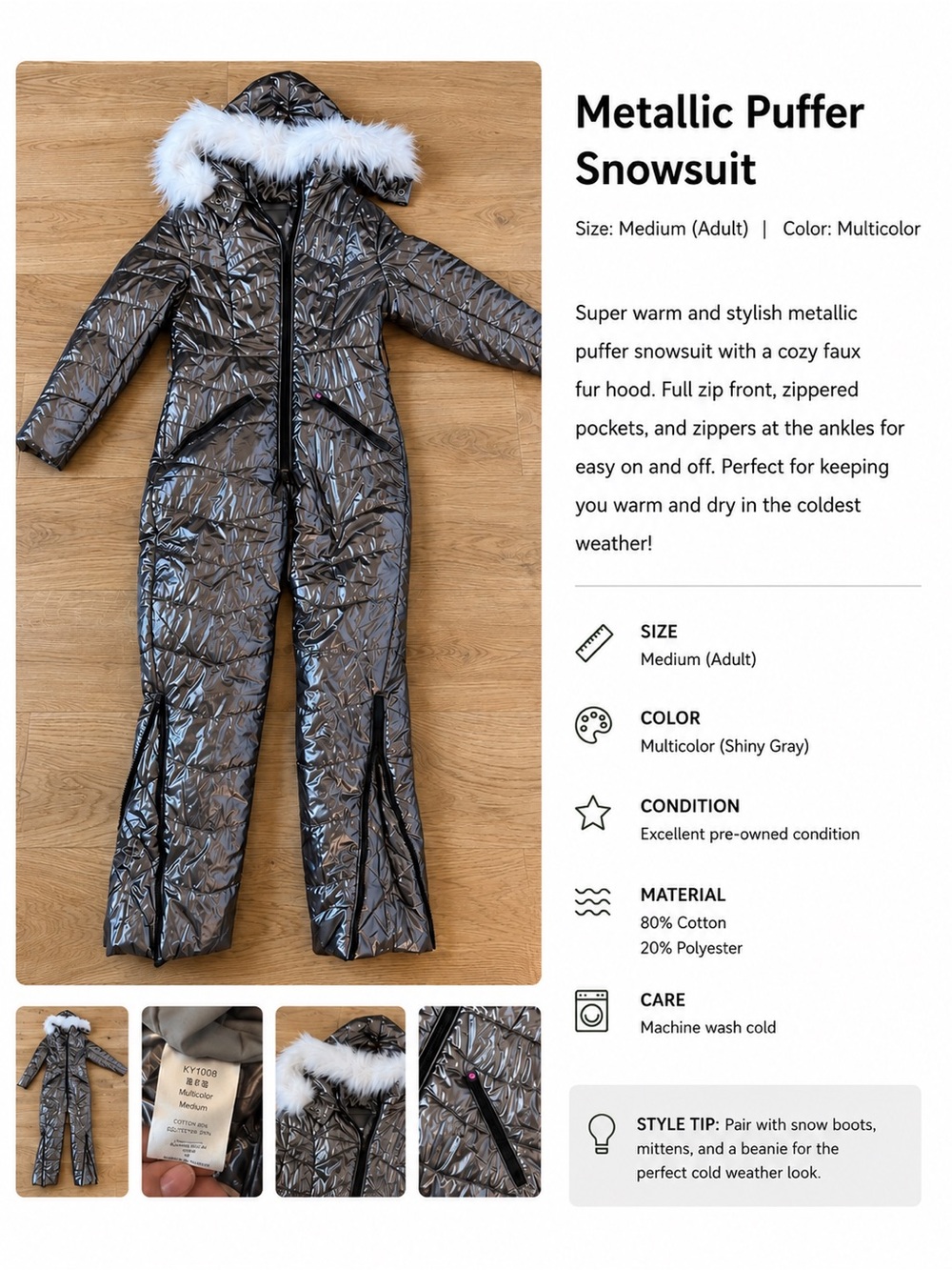 Metallic Gray Puffer Snowsuit with Faux Fur Hood